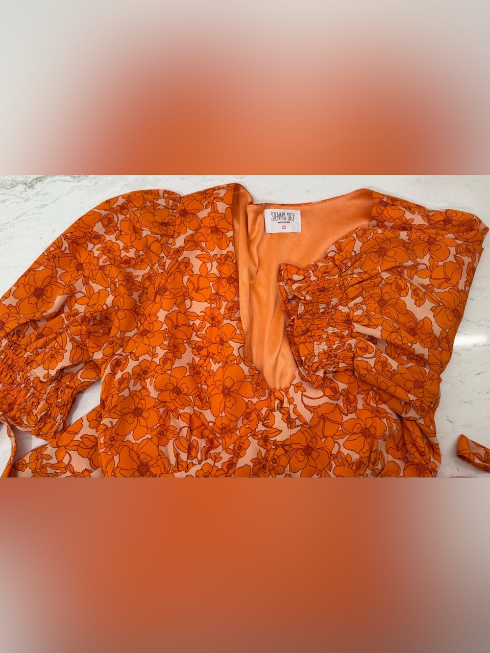 🌼🍊 Sienna Sky Orange Floral Puff Sleeve Mini Dress XS Cottagecore Boho - Picture 4 of 9